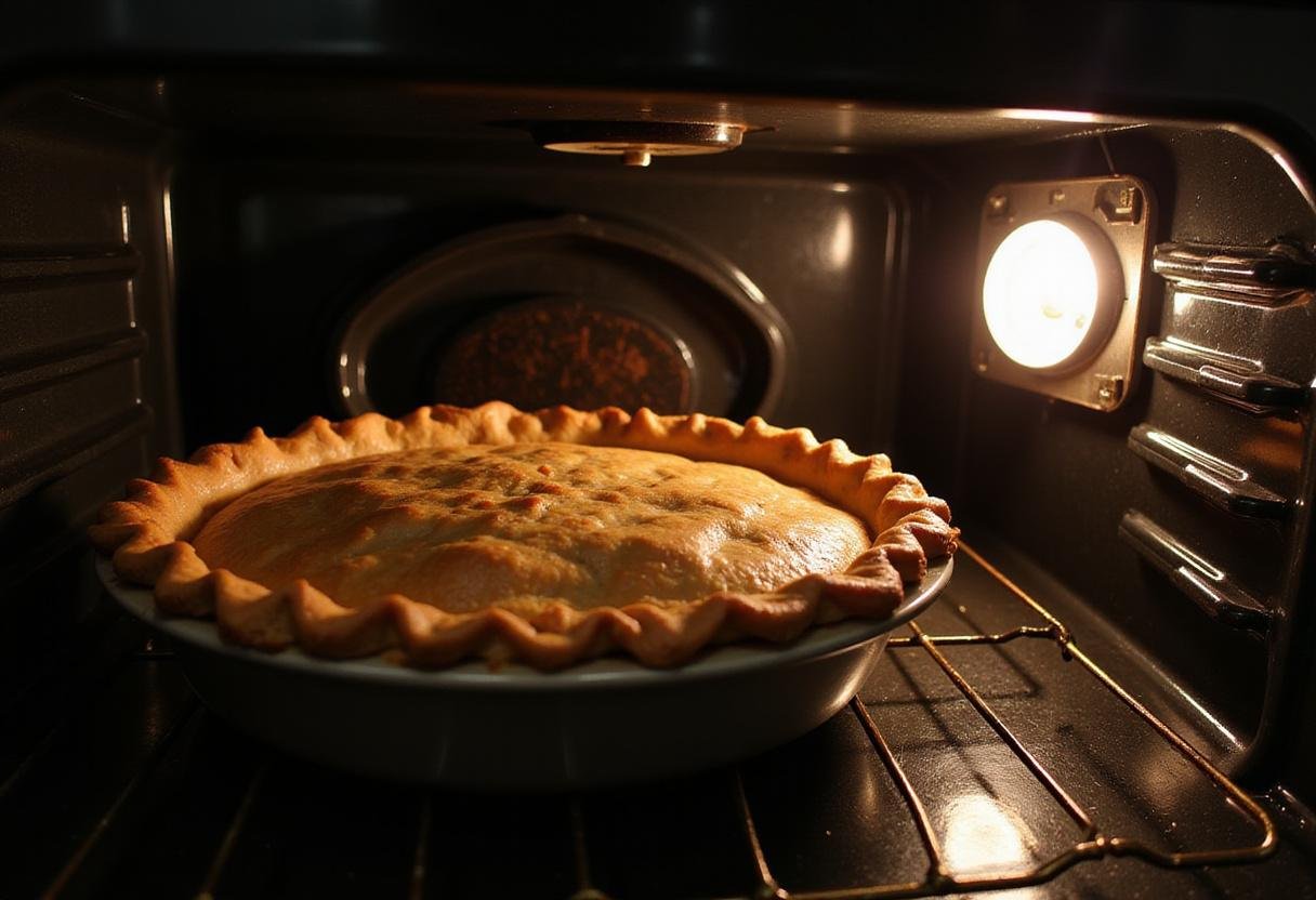 pumpkin pie baking in the oven, a key step in making the perfect easy pumpkin pie recipe.