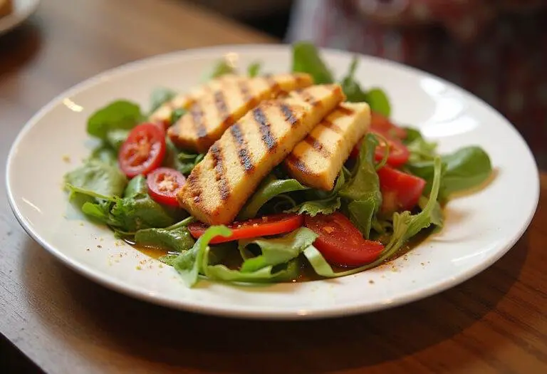 Finished Grilled Halloumi Salad presented elegantly with fresh ingredients and grilled cheese.