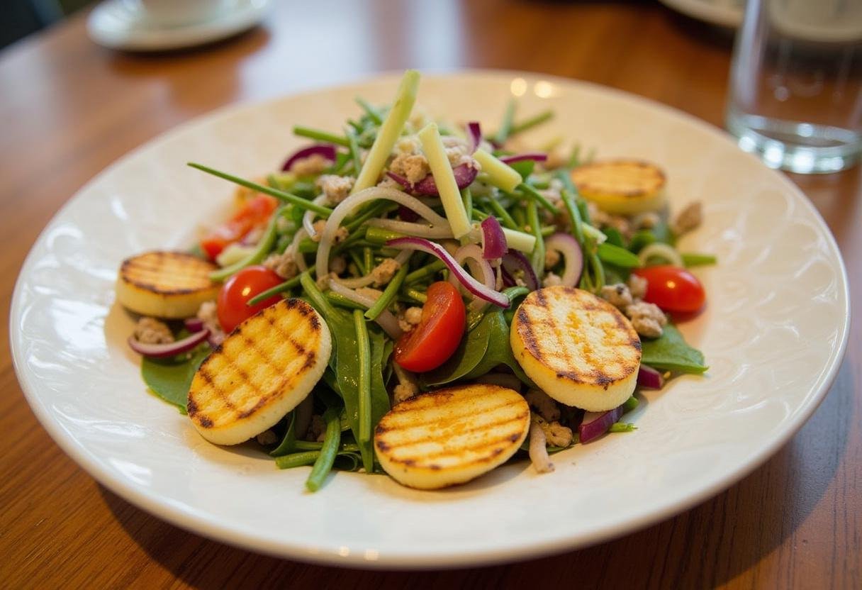 Finished Grilled Halloumi Salad presented elegantly with fresh ingredients and grilled cheese.