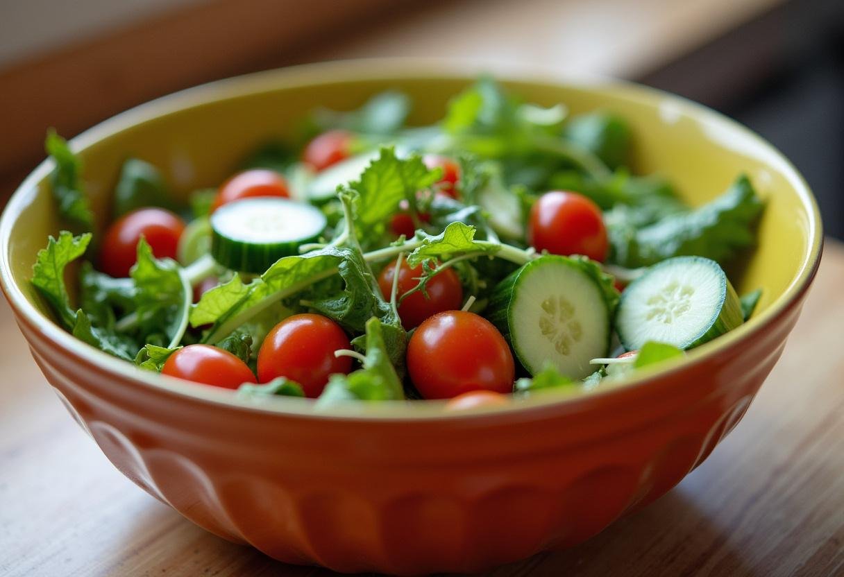 Fresh vegetables prepared in a bowl for Grilled Halloumi Salad.