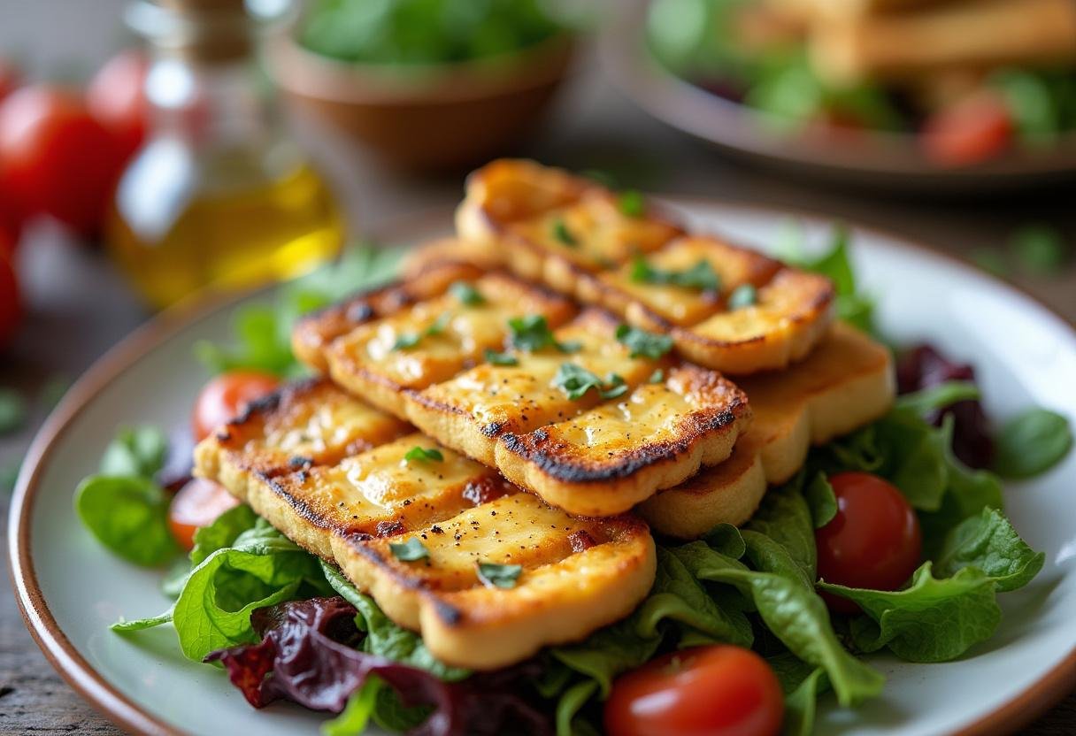 Adding grilled halloumi cheese to a fresh salad for a Grilled Halloumi Salad dish.