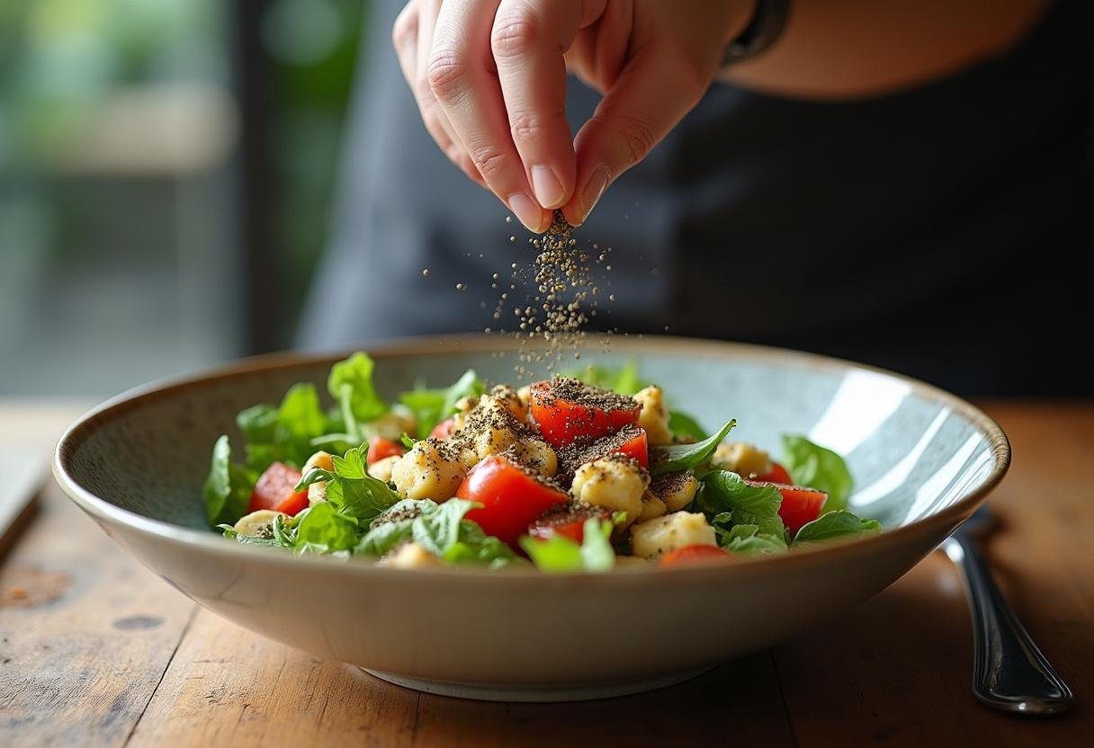 Seasoning grilled halloumi salad with herbs and black pepper for extra flavor.