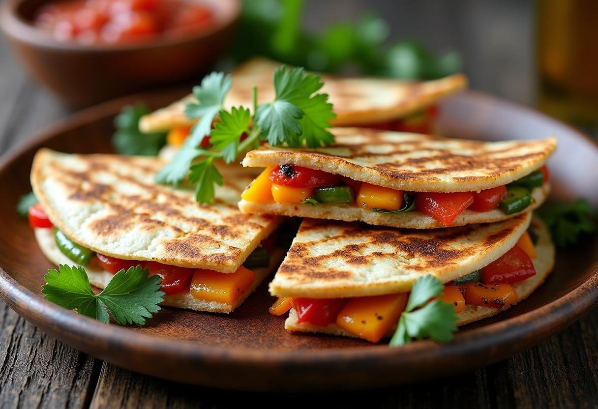 Delicious grilled vegetable quesadilla ready to serve, garnished with cilantro and salsa.