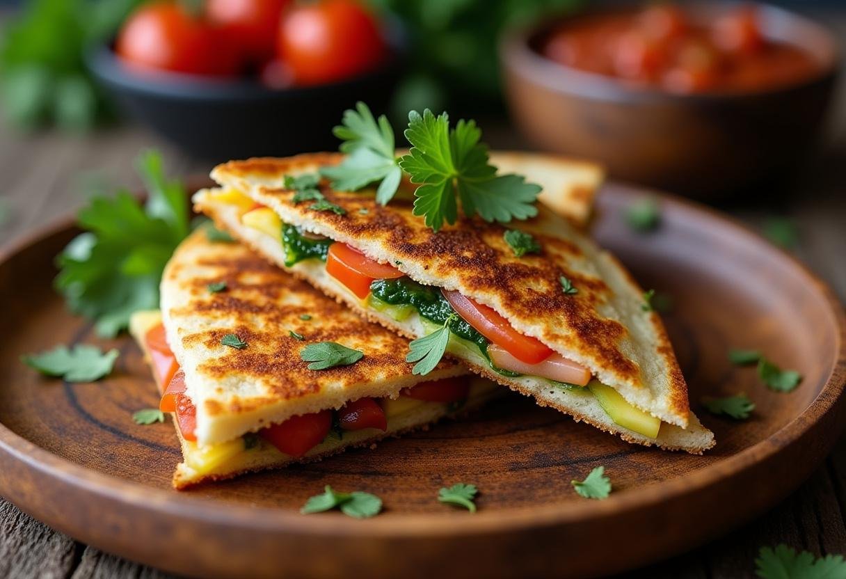 Delicious grilled vegetable quesadilla ready to serve, garnished with cilantro and salsa.