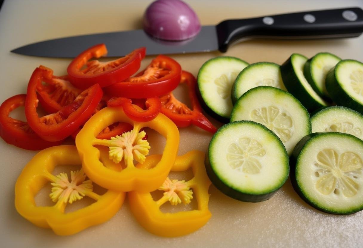 Fresh sliced vegetables prepared for grilling in a grilled vegetable quesadilla recipe.