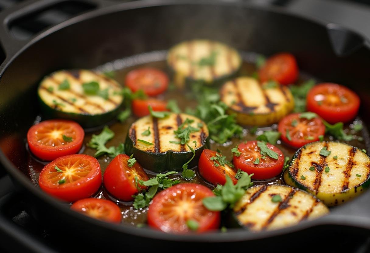 Grilled vegetables being cooked in a skillet for the quesadilla filling.