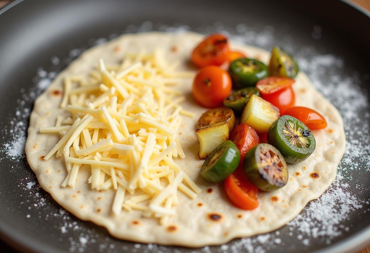 Tortilla filled with grilled vegetables and cheese for making a delicious quesadilla.