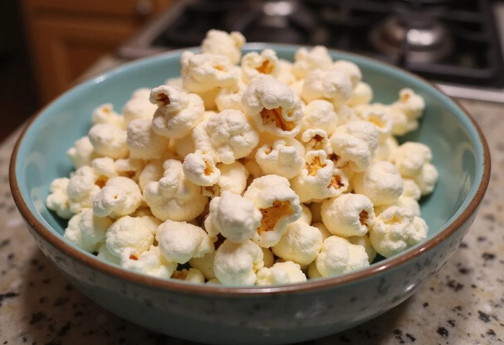 A delicious bowl of healthy popped hulless popcorn, emphasizing its lightness and inviting texture, perfect for a wholesome snack.