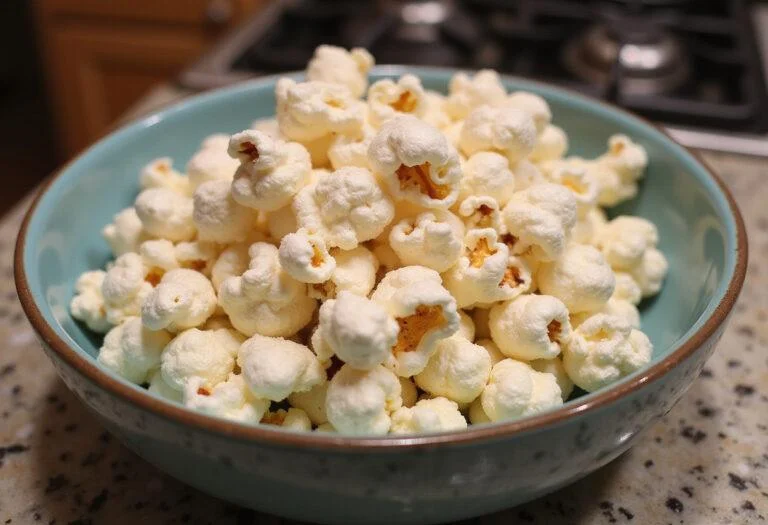 A delicious bowl of healthy popped hulless popcorn, emphasizing its lightness and inviting texture, perfect for a wholesome snack.