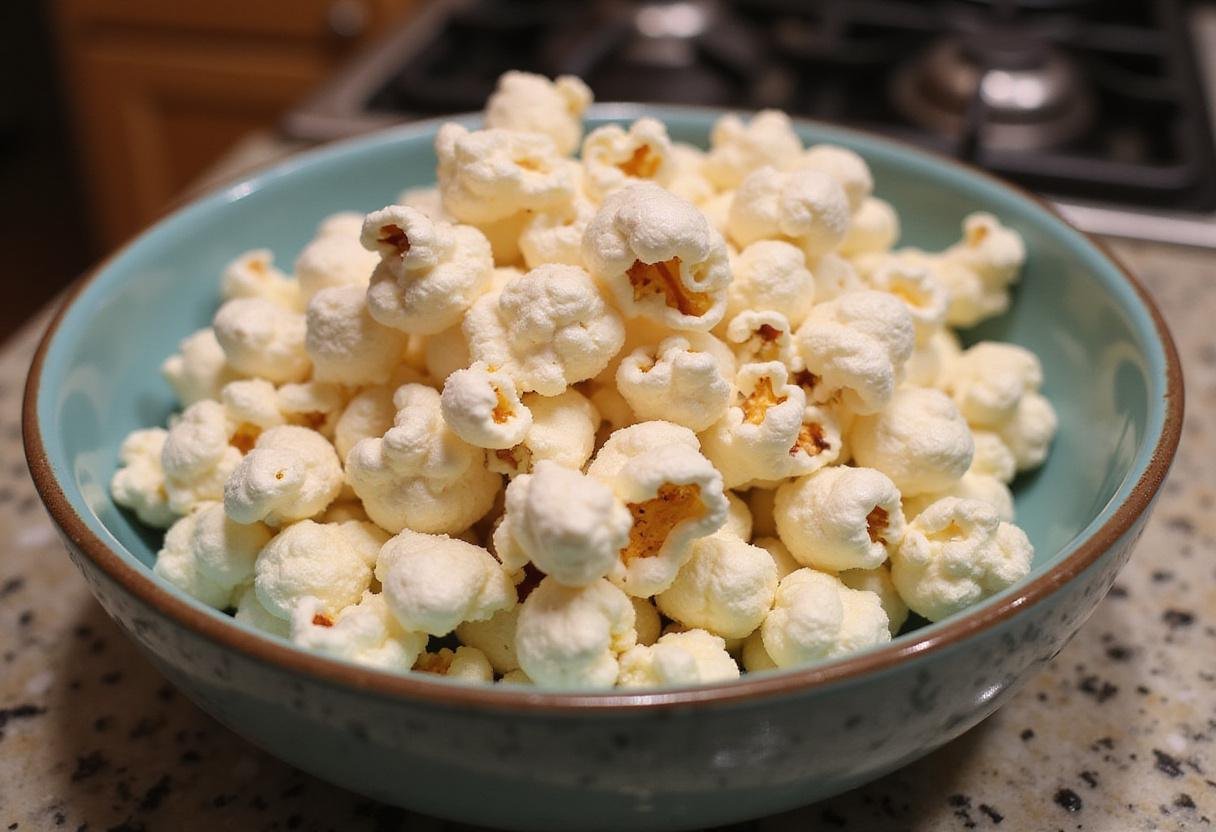 A delicious bowl of healthy popped hulless popcorn, emphasizing its lightness and inviting texture, perfect for a wholesome snack.