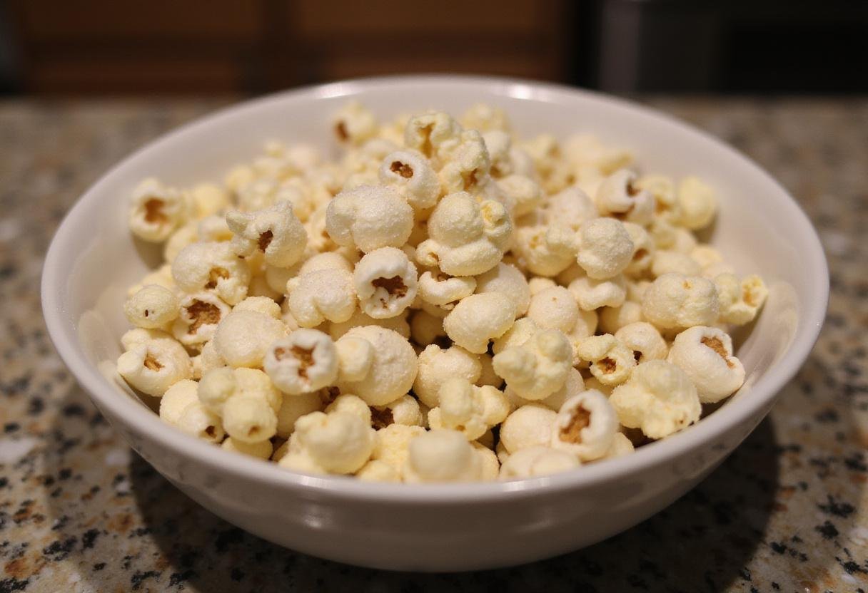 A delicious bowl of healthy popped hulless popcorn, emphasizing its lightness and inviting texture, perfect for a wholesome snack.