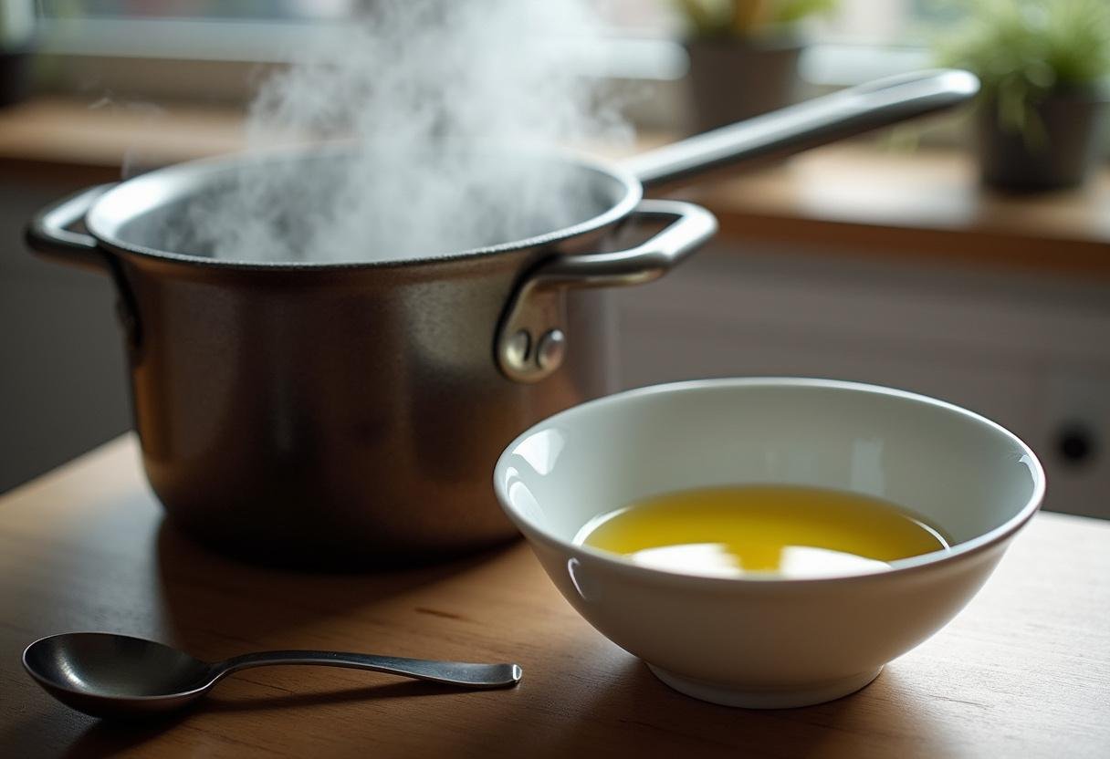 Adding healthy oil to a pot for making delicious popped hulless popcorn, highlighting the healthy cooking method.