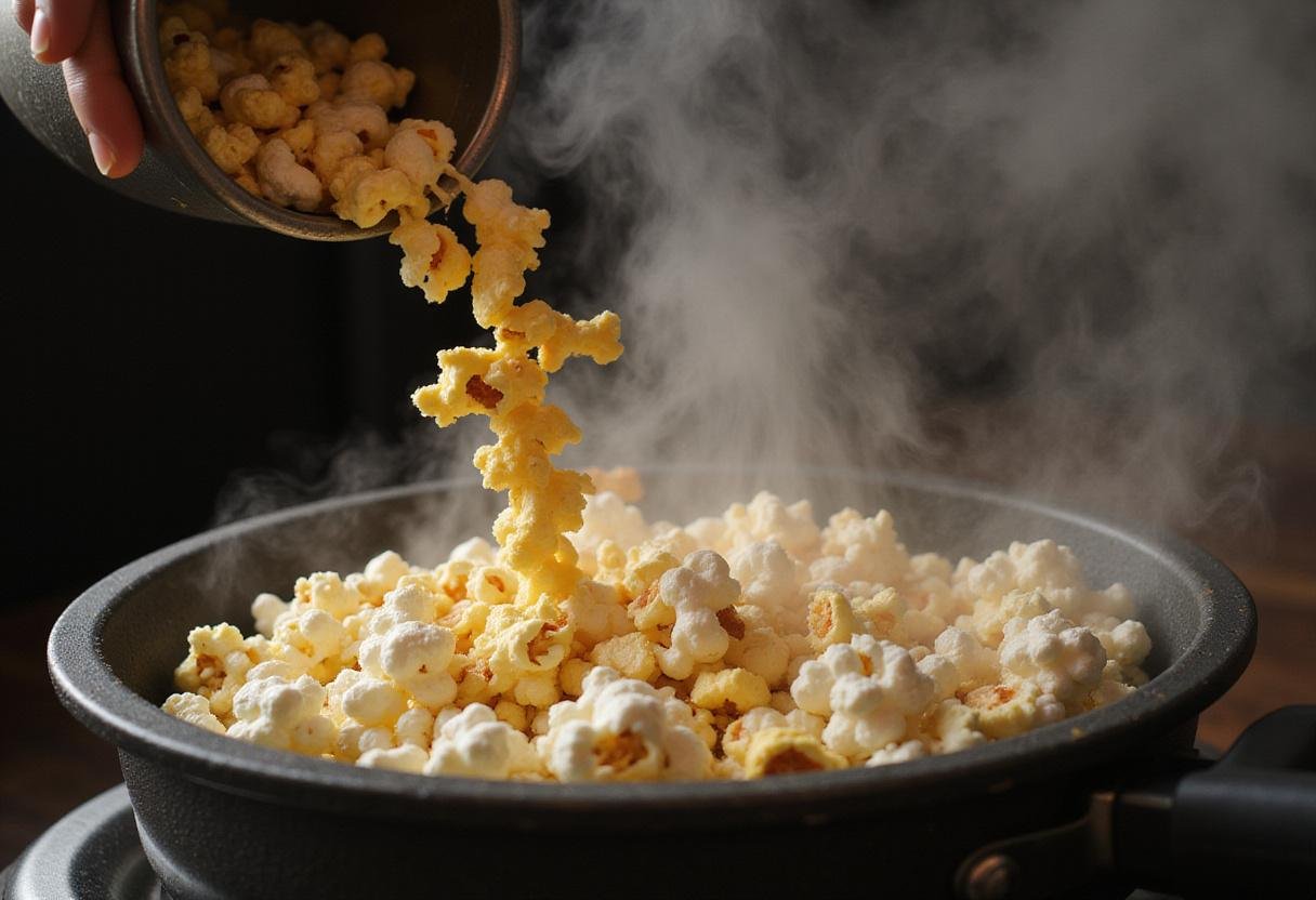 Pouring hulless popcorn kernels into a pot, emphasizing the excitement of creating healthy popcorn in a simple kitchen setup.