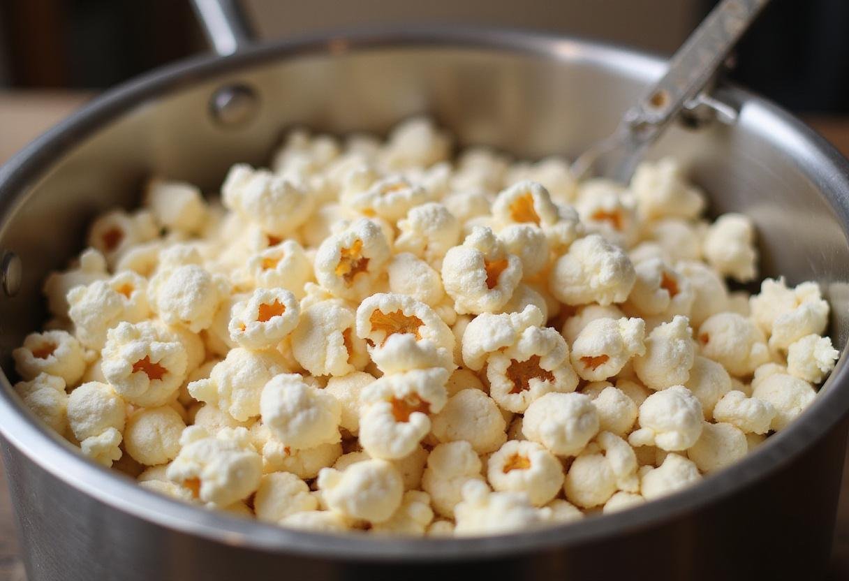 Freshly popped hulless popcorn in a pot, demonstrating the light and fluffy texture of this healthy snack.
