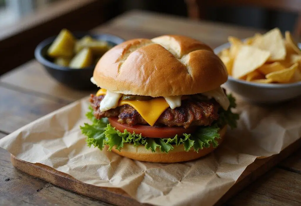 A delicious hearty turkey gobbler sandwich displayed on a rustic wooden table, accompanied by pickles and chips, ideal for a satisfying meal.