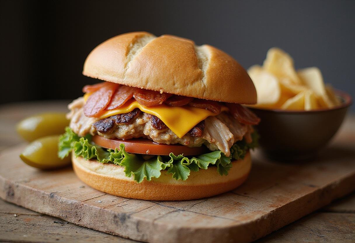 A delicious hearty turkey gobbler sandwich displayed on a rustic wooden table, accompanied by pickles and chips, ideal for a satisfying meal.