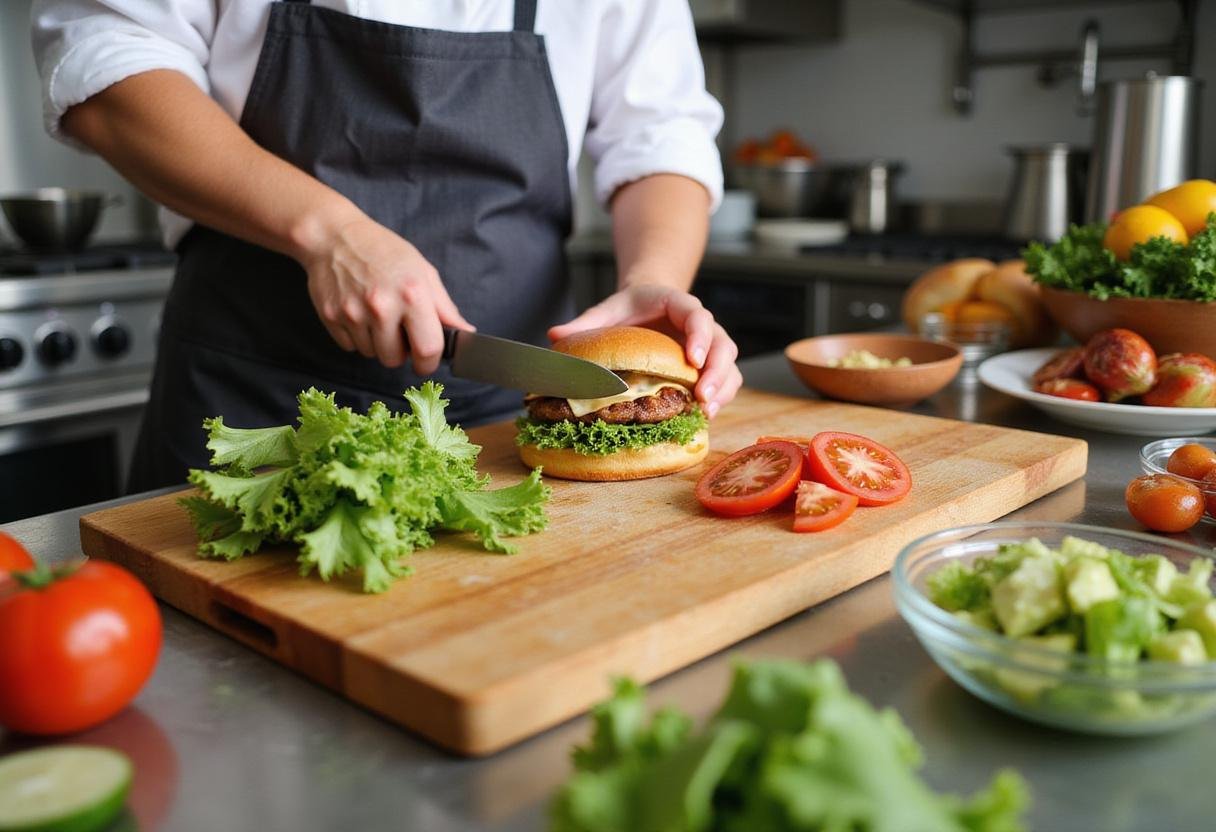Fresh chopped lettuce and tomatoes ready for a hearty turkey gobbler sandwich, showcasing vibrant vegetables in a well-organized kitchen.