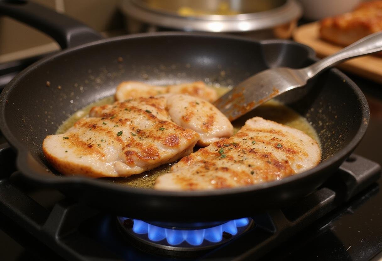 Sizzling seasoned turkey slices in a frying pan, an essential step in crafting the perfect hearty turkey gobbler sandwich.