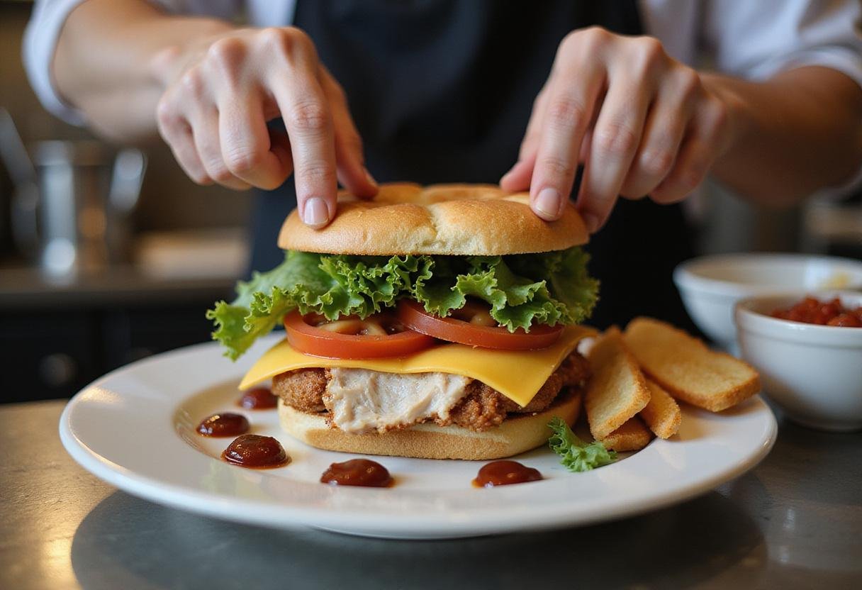 A beautifully assembled hearty turkey gobbler sandwich, showcasing layers of turkey, lettuce, tomatoes, and cheese, perfect for lunchtime.