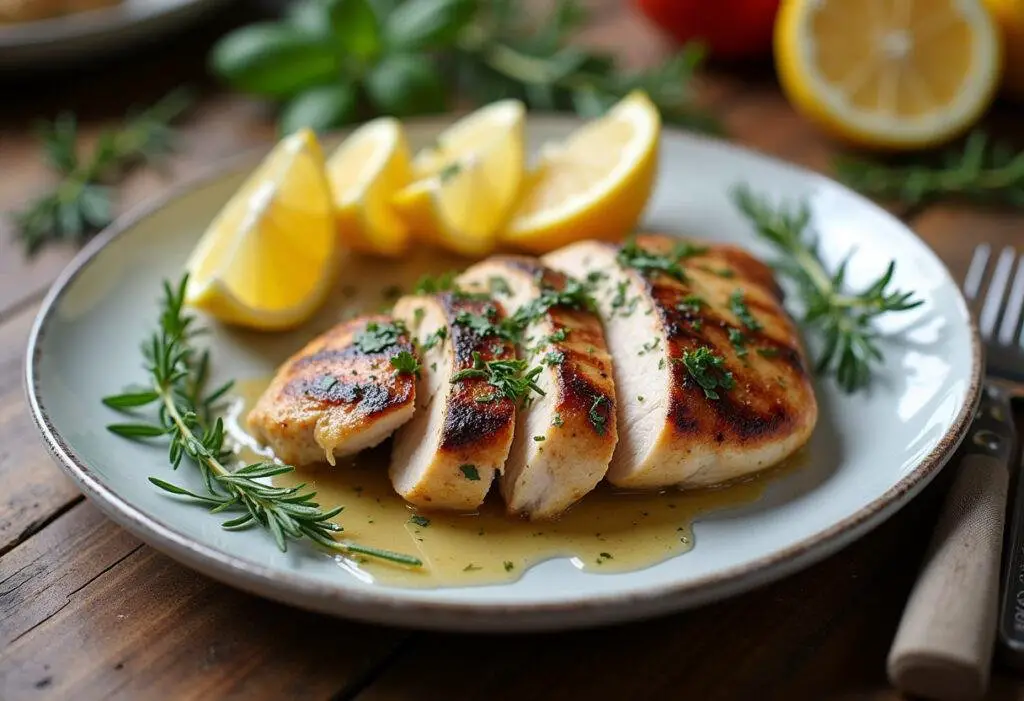 Finished herb lemon grilled chicken served with fresh herbs and lemon, ideal for outdoor dining.