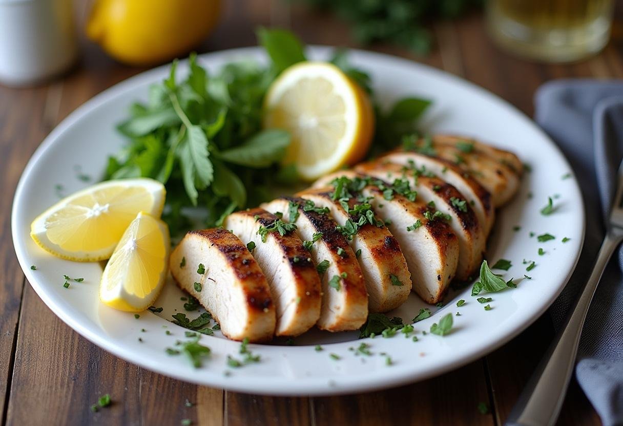 Finished herb lemon grilled chicken served with fresh herbs and lemon, ideal for outdoor dining.