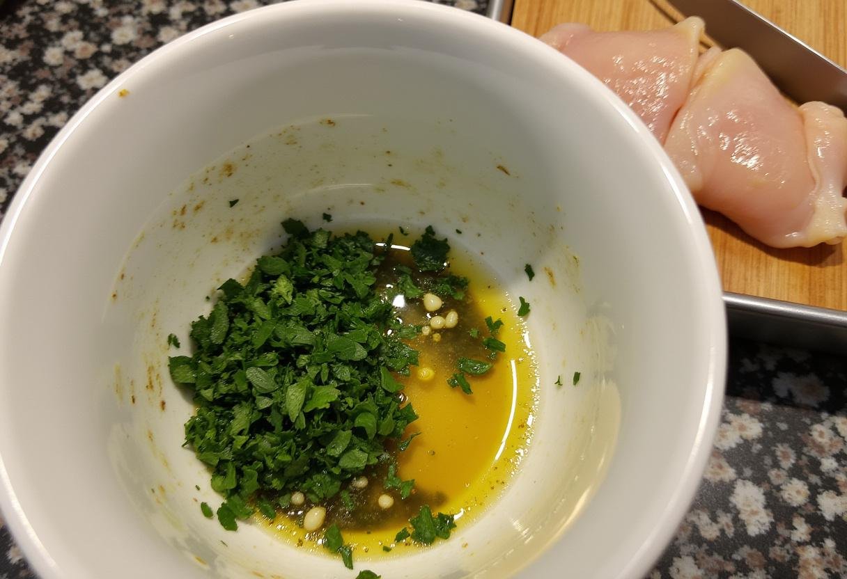 Herb marinade for grilled chicken with lemon and garlic in a bowl.