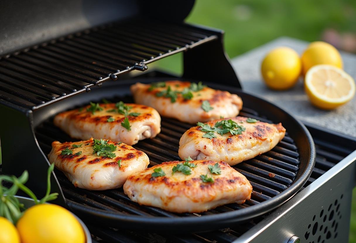 Grilling marinated chicken on a preheated outdoor grill for herb lemon flavor.