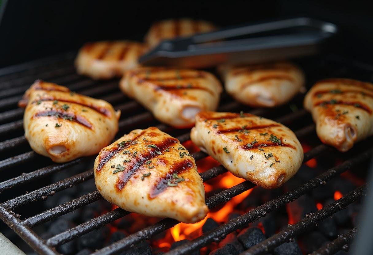 Grilled chicken breasts infused with herbs and lemon sizzling on the grill.