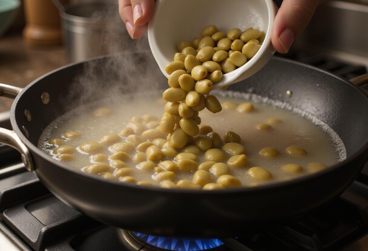 Cooking fresh lima beans in boiling water, highlighting the preparation process and the fresh ingredients from the garden.