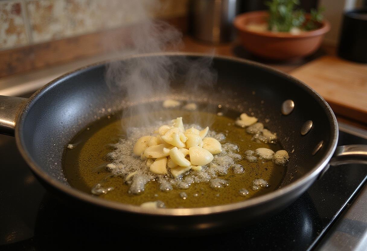Sautéing garlic and onions for a flavorful lima bean dish, emphasizing the delicious flavors being prepared in a homely kitchen environment.
