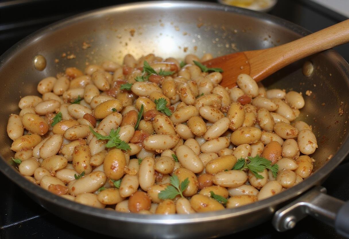Stir-frying homegrown lima beans with spices, showcasing a vibrant mix of colors and flavors, ready to delight the palate.