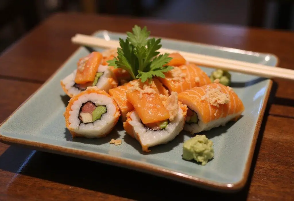 Exquisite sushi platter from Ichiban sushi menu, displaying fresh sushi rolls, wasabi, and garnishes for an appealing presentation.