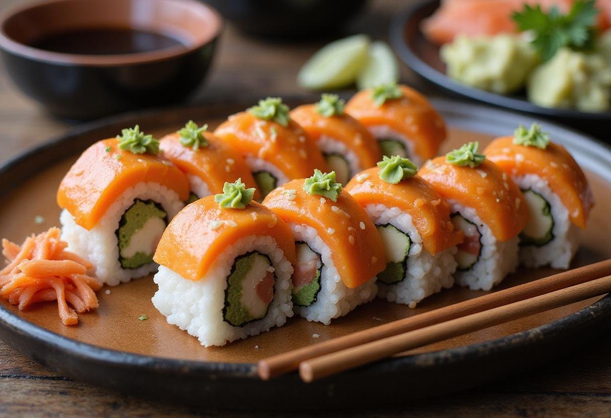 Exquisite sushi platter from Ichiban sushi menu, displaying fresh sushi rolls, wasabi, and garnishes for an appealing presentation.
