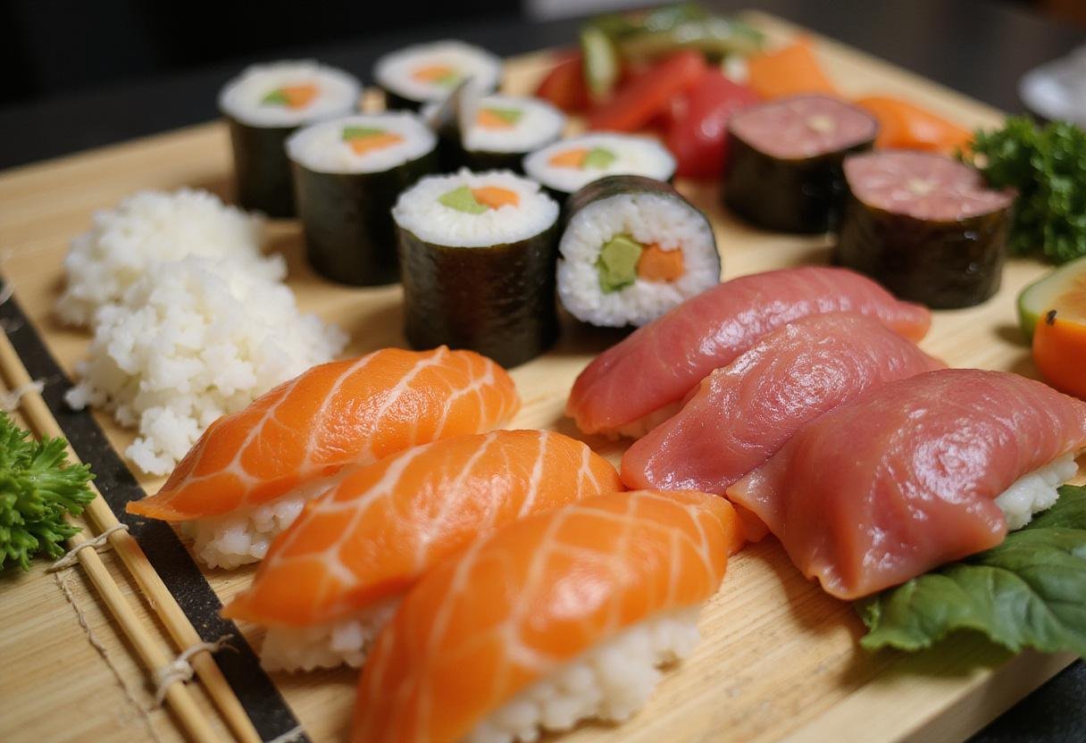 Fresh ingredients for Ichiban sushi menu on a cutting board, showcasing nori, sushi rice, fish, and vegetables.