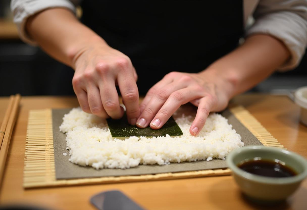 Chef spreading sushi rice on nori for Ichiban sushi menu, demonstrating sushi preparation techniques.