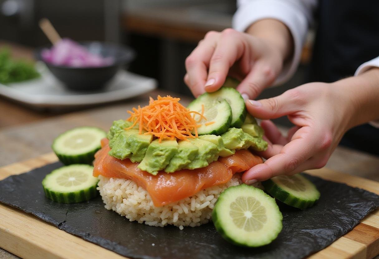 Layering fresh ingredients for Ichiban sushi rolls, emphasizing the vibrant colors and preparation process.