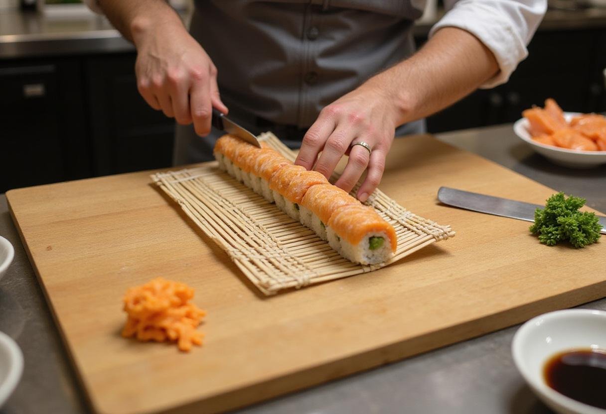 Chef rolling sushi with bamboo mat for Ichiban sushi menu, capturing the sushi rolling technique.
