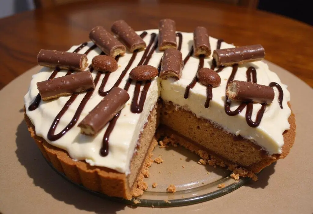 Indulgent Frozen Snickers Pie with chocolate drizzle and Snickers bars, ready to be served.