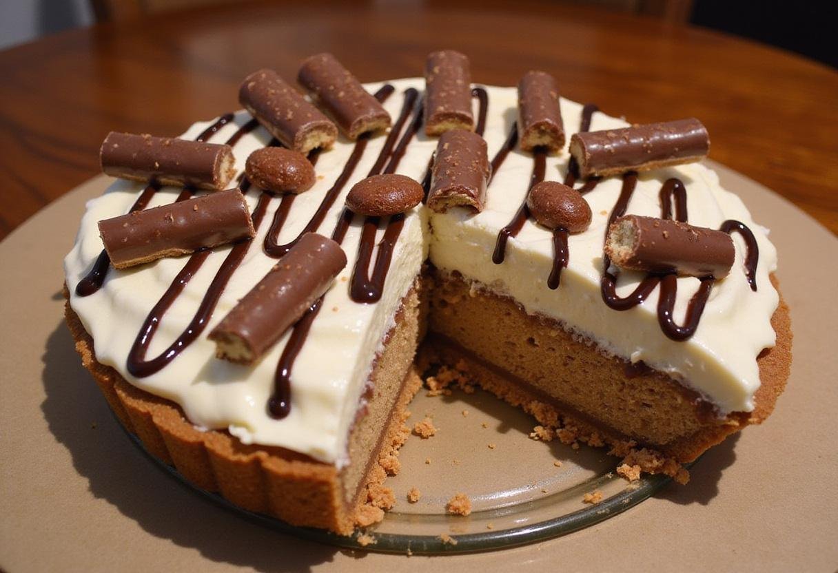 Indulgent Frozen Snickers Pie with chocolate drizzle and Snickers bars, ready to be served.