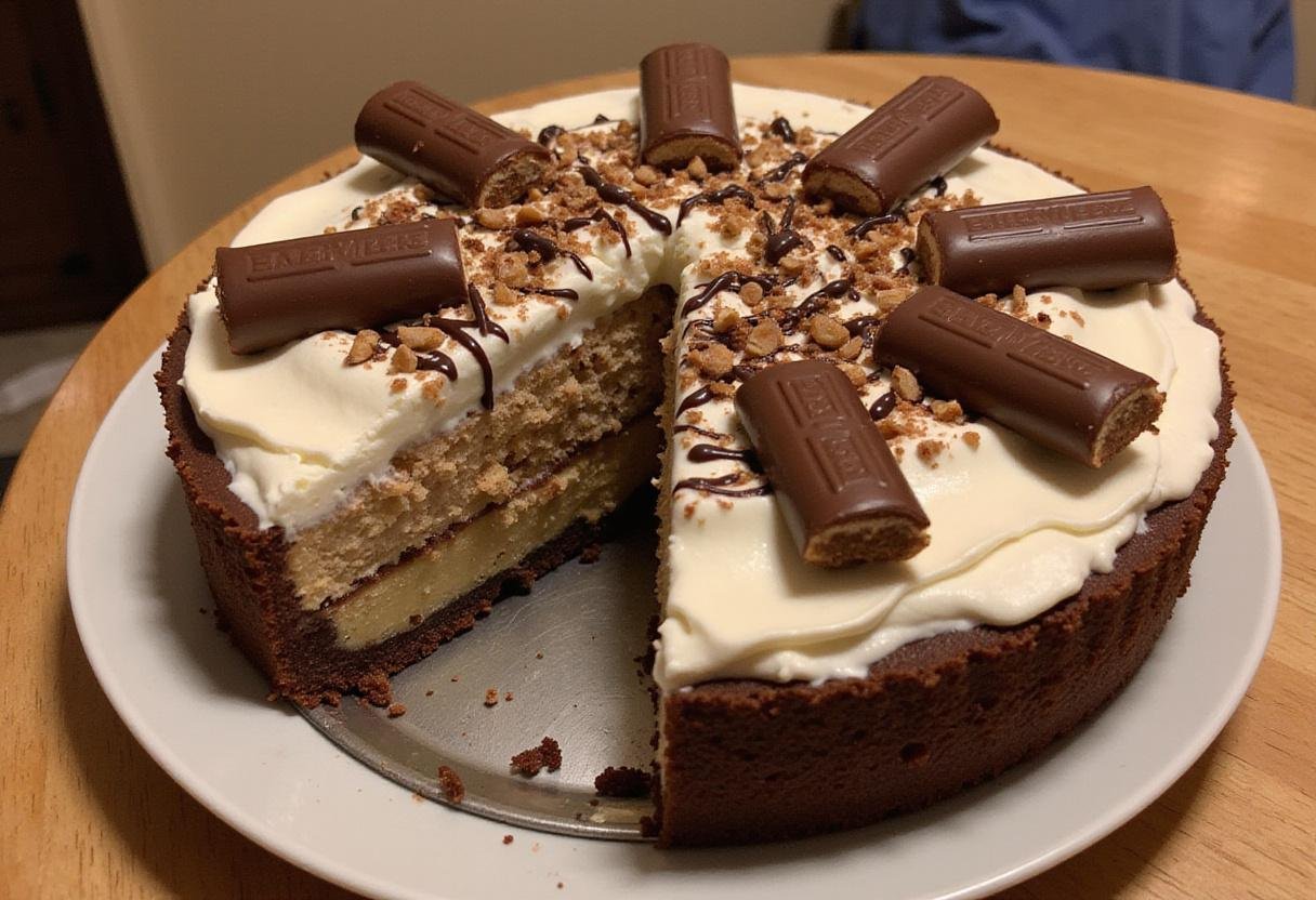 Indulgent Frozen Snickers Pie with chocolate drizzle and Snickers bars, ready to be served.