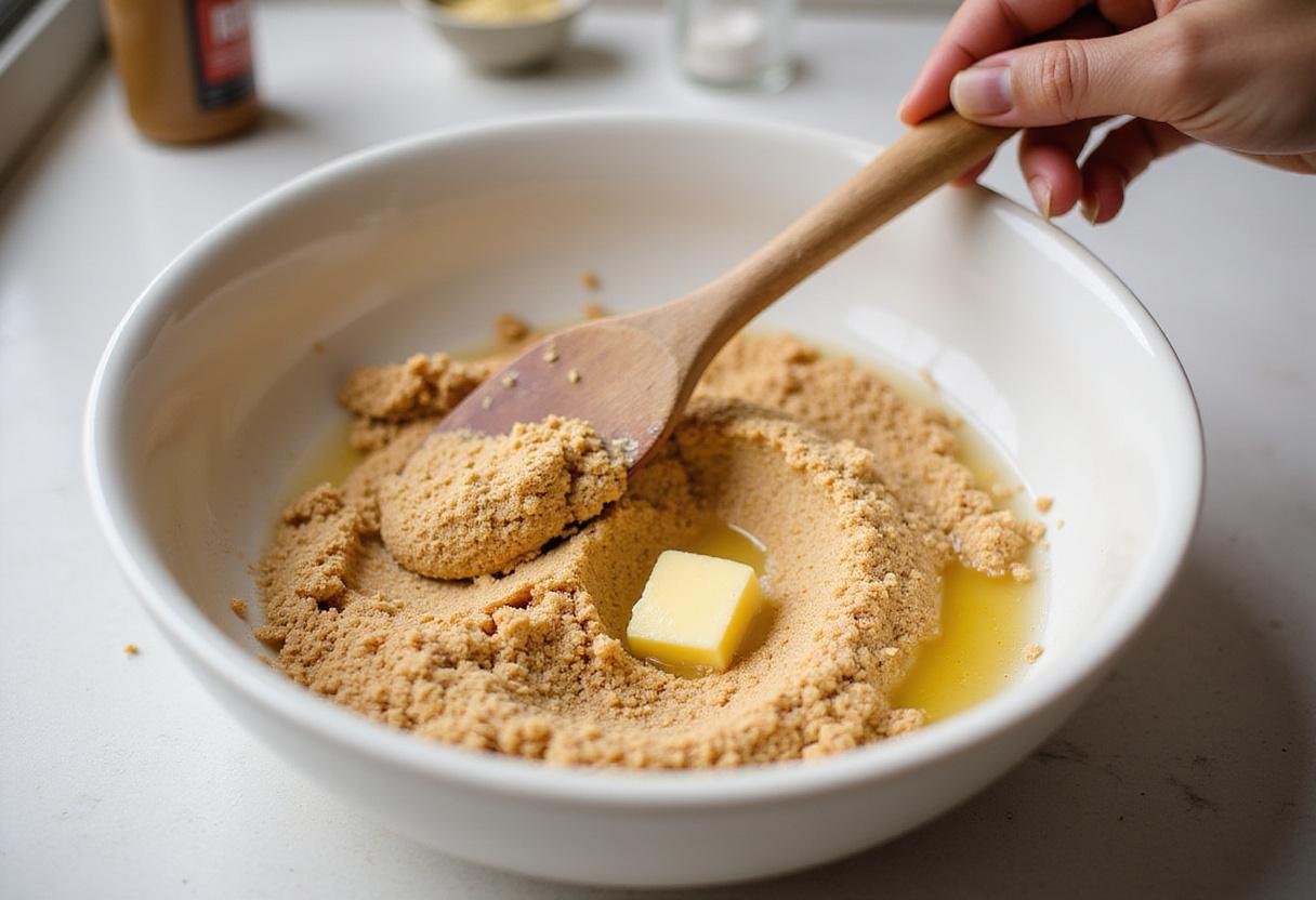 Crushed graham crackers mixed with melted butter for snickers pie crust preparation.
