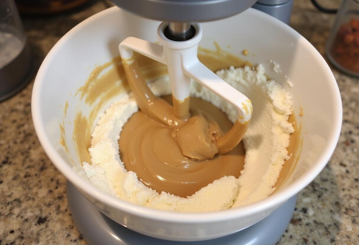 Creamy peanut butter filling being blended for indulgent snickers pie.