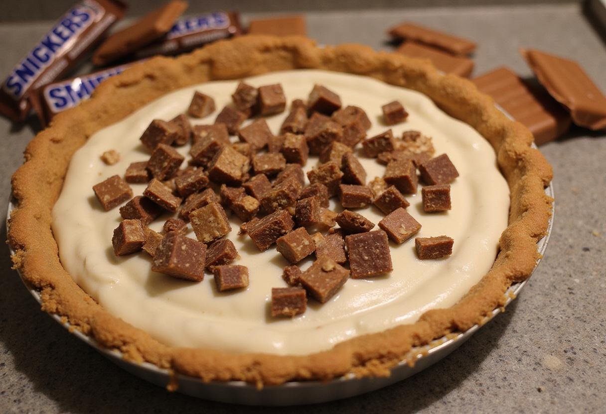 Chopped Snickers bars added to pie filling for an indulgent snickers pie.