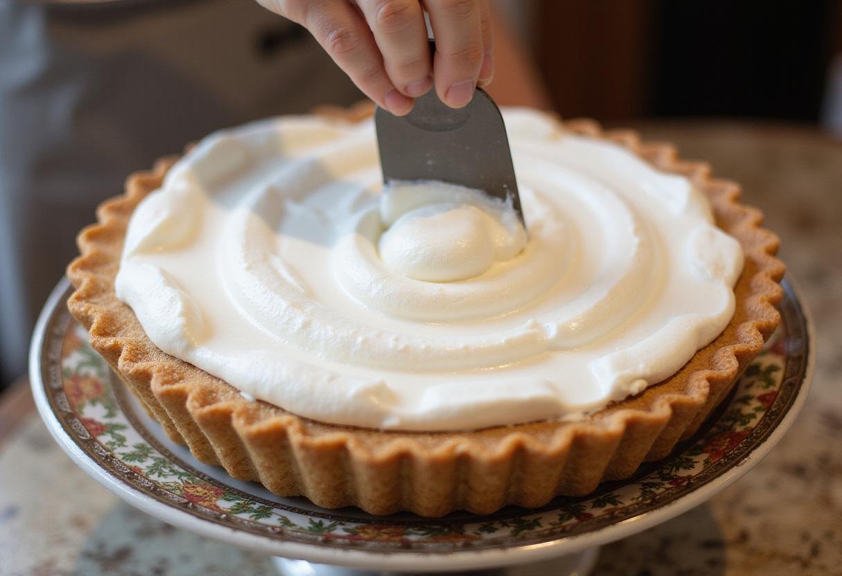 Whipped cream layer spread on top of the snickers pie for a delicious finish.