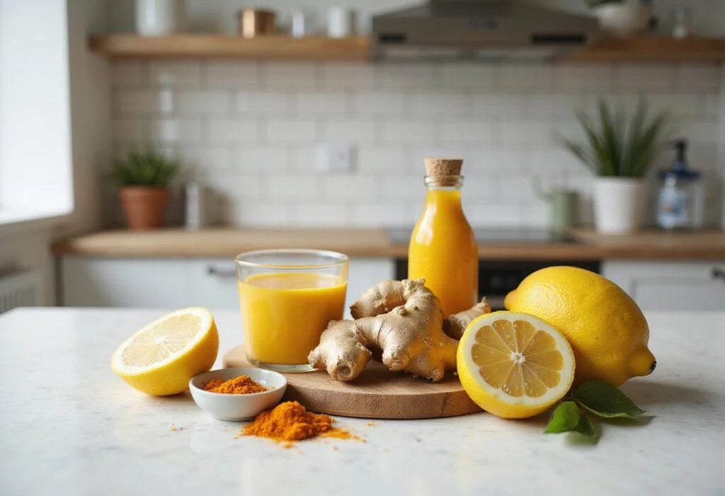 Stunning display of multiple wellness shot recipes on a kitchen table featuring colorful ingredients like ginger, turmeric, and lemon.
