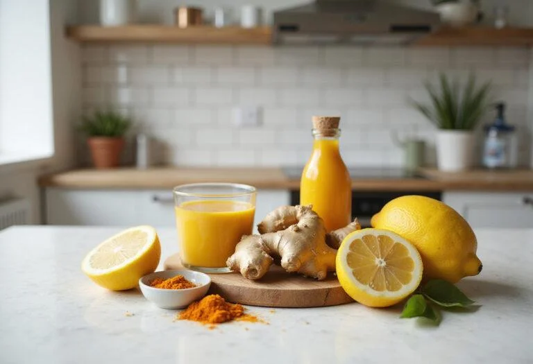Stunning display of multiple wellness shot recipes on a kitchen table featuring colorful ingredients like ginger, turmeric, and lemon.