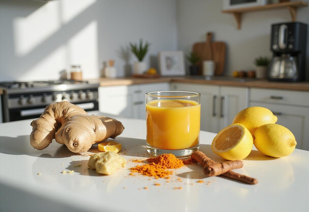 Stunning display of multiple wellness shot recipes on a kitchen table featuring colorful ingredients like ginger, turmeric, and lemon.