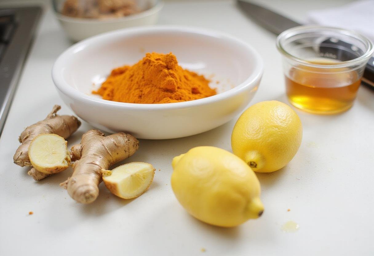 Invigorating wellness shot recipe layout with fresh ginger, turmeric, lemon, and honey on a kitchen countertop.