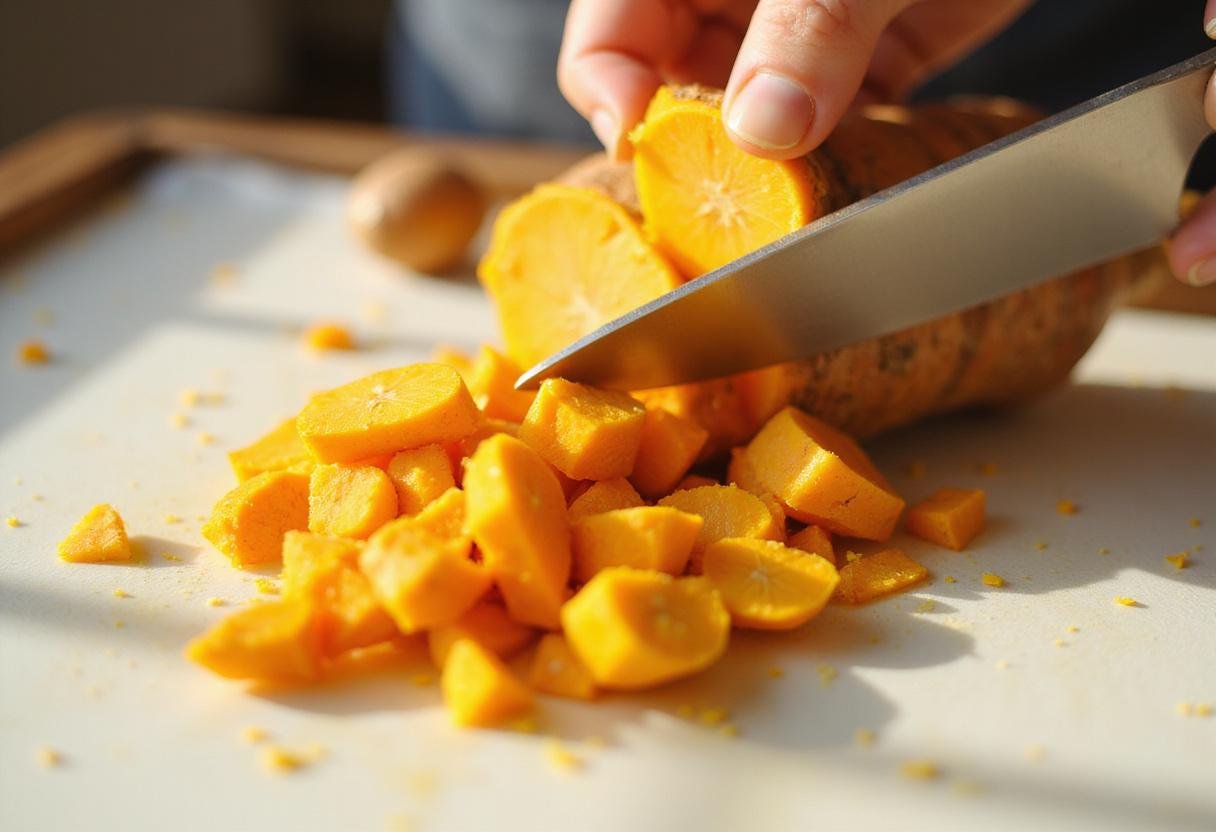 Vibrant turmeric being sliced and prepared for a healthy wellness shot recipe in a sunlit kitchen.