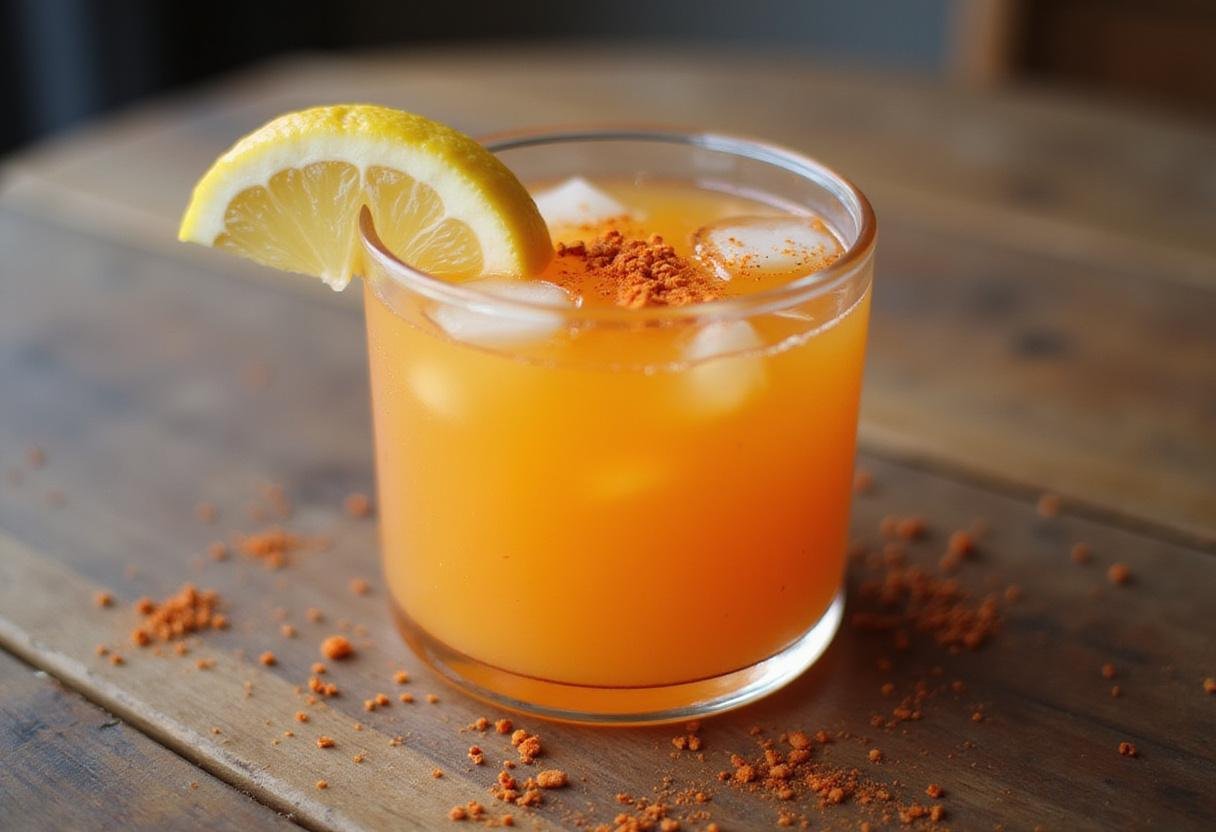 Bright orange wellness shot ready to drink, garnished with lemon and cayenne pepper, ideal for health-conscious individuals.